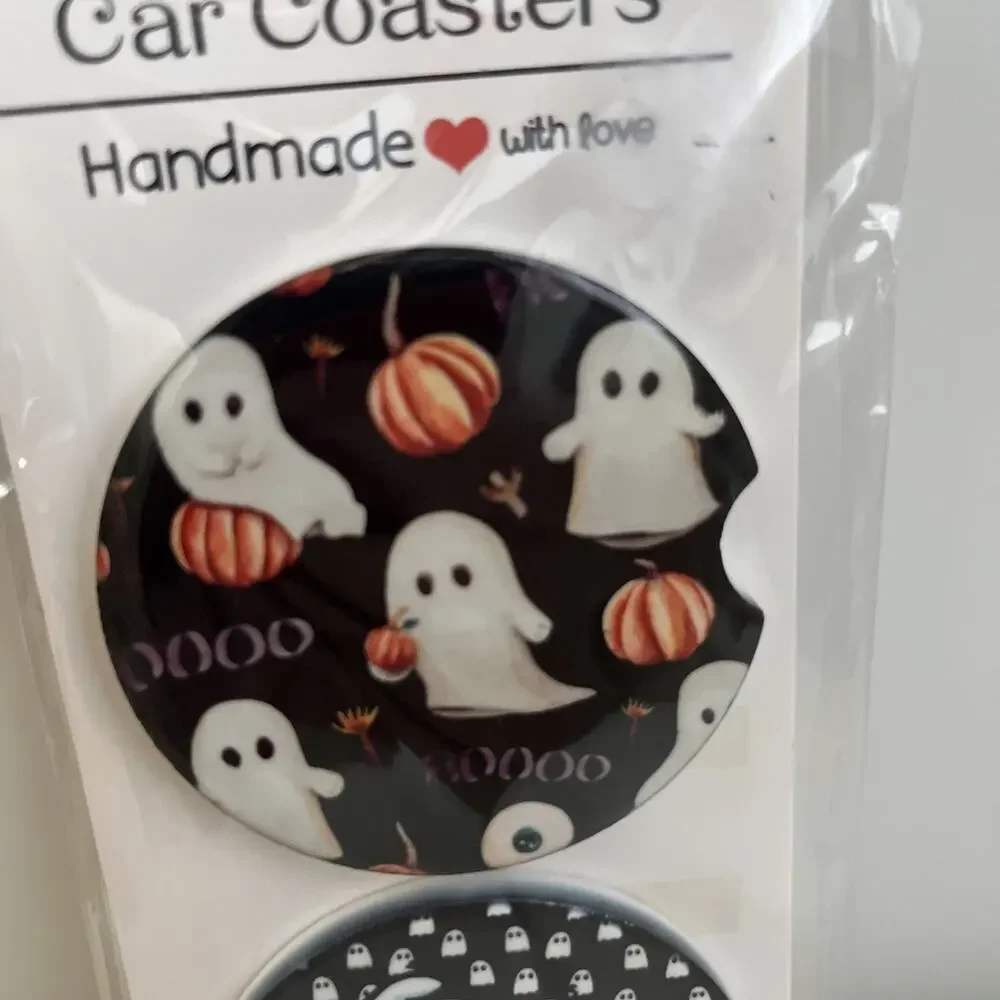 Custom Heat Printed Car Coasters Halloween Fall Designs Set Of 2